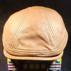 VINTAGE TOP GRAIN LEATHER NEWSPAPER BOY FLAT CAP BY SCALA ...LIGHT CARAMEL  L/XL